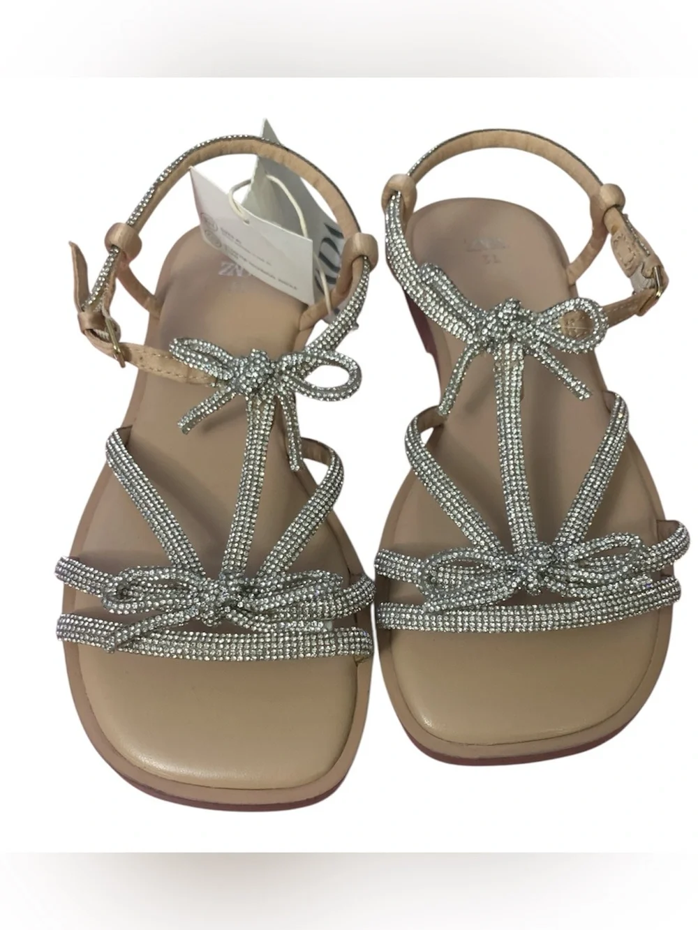 Zara Nude Sandals with Silver Rhinestone Bows Girl 13
